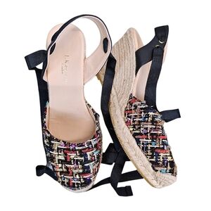 NEW! L.K. Bennett Tianna Black Tweed Espadrille Wedges Sz 37 7 Ankle Tie Preppy